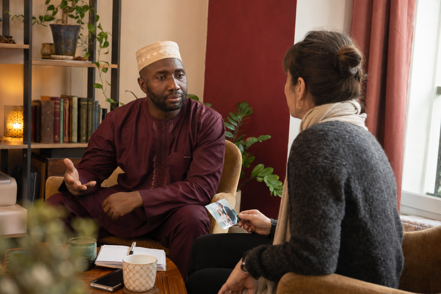 Maître Adam en consultation avec un client dans son cabinet de voyance à Paris